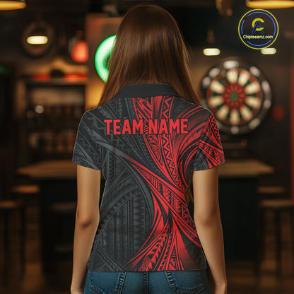 Custom Black And Red Tribal Pattern Dart Team Women Polo Shirt, Dart League Shirt IPHW12480