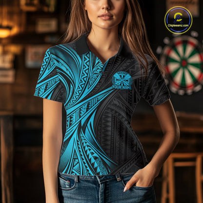 Custom Turquoise Tribal Pattern Dart Team Women Polo Shirt, Dart League Shirt IPHW12481