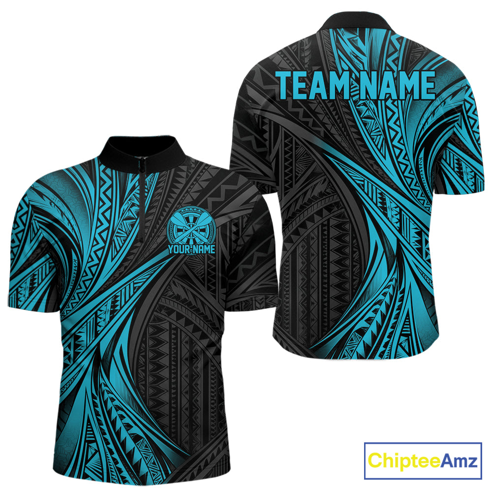 Custom Turquoise Tribal Pattern Dart Team Men Quarter Zip Shirt, Dart League Shirt IPHW12481