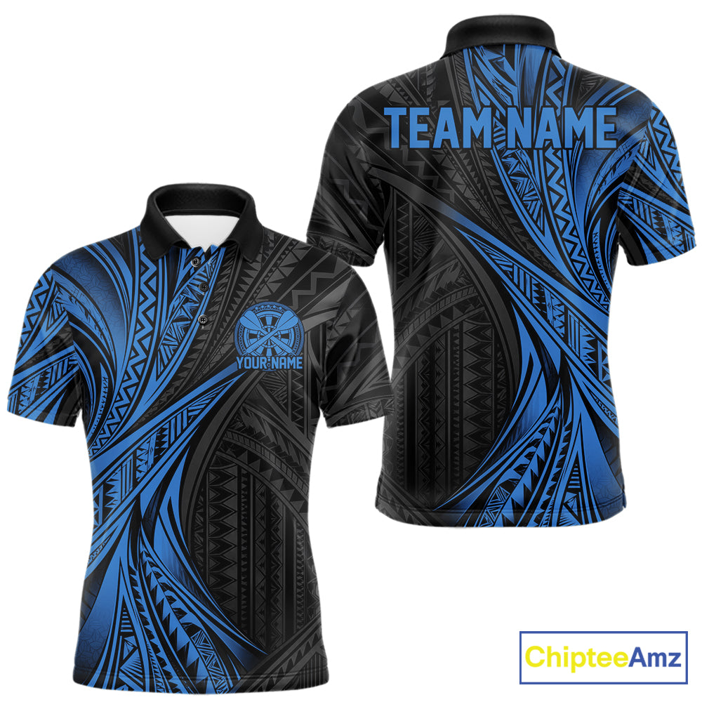 Custom Black And Blue Tribal Pattern Dart Team Men Polo Shirt, Dart League Shirt IPHW12482