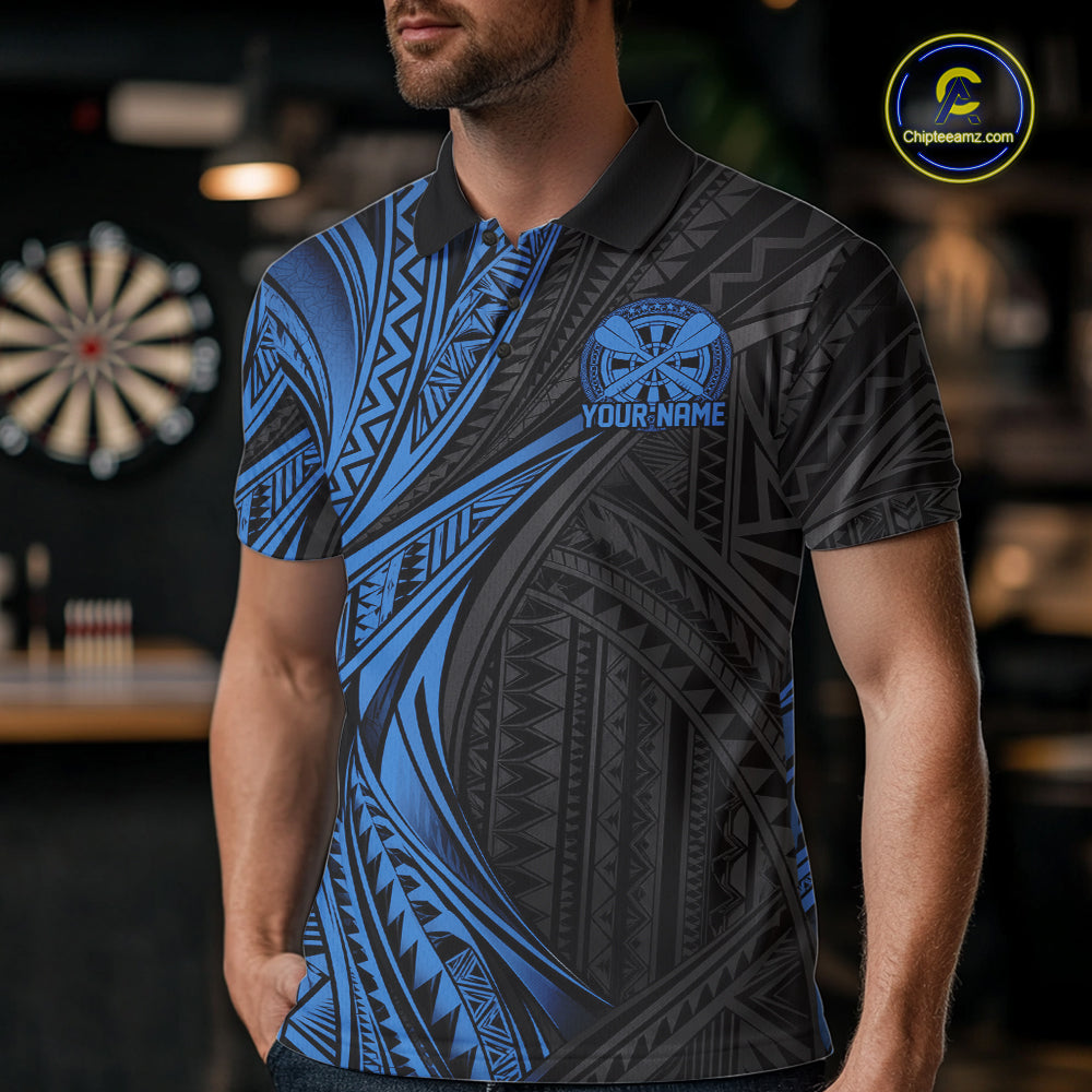Custom Black And Blue Tribal Pattern Dart Team Men Polo Shirt, Dart League Shirt IPHW12482