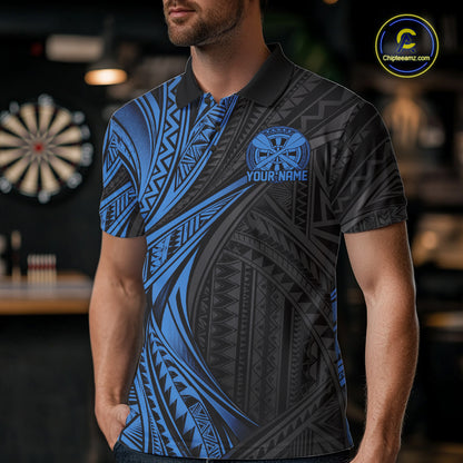 Custom Black And Blue Tribal Pattern Dart Team Men Polo Shirt, Dart League Shirt IPHW12482
