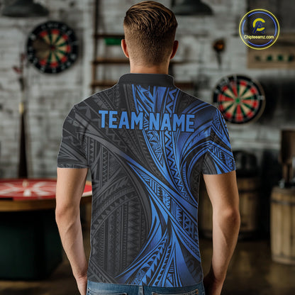 Custom Black And Blue Tribal Pattern Dart Team Men Polo Shirt, Dart League Shirt IPHW12482