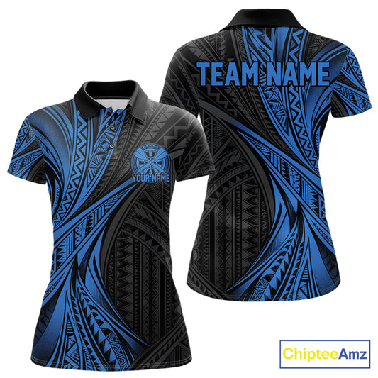 Custom Black And Blue Tribal Pattern Dart Team Women Polo Shirt, Dart League Shirt IPHW12482