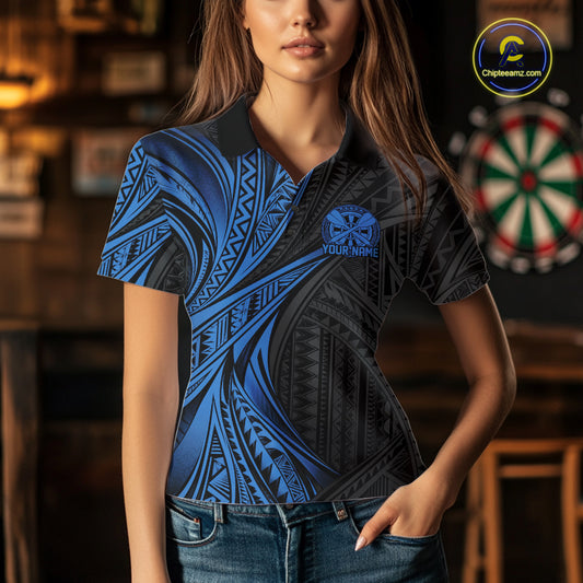 Custom Black And Blue Tribal Pattern Dart Team Women Polo Shirt, Dart League Shirt IPHW12482