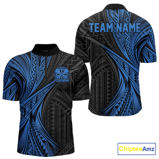 Custom Black And Blue Tribal Pattern Dart Team Men Quarter Zip Shirt, Dart League Shirt IPHW12482