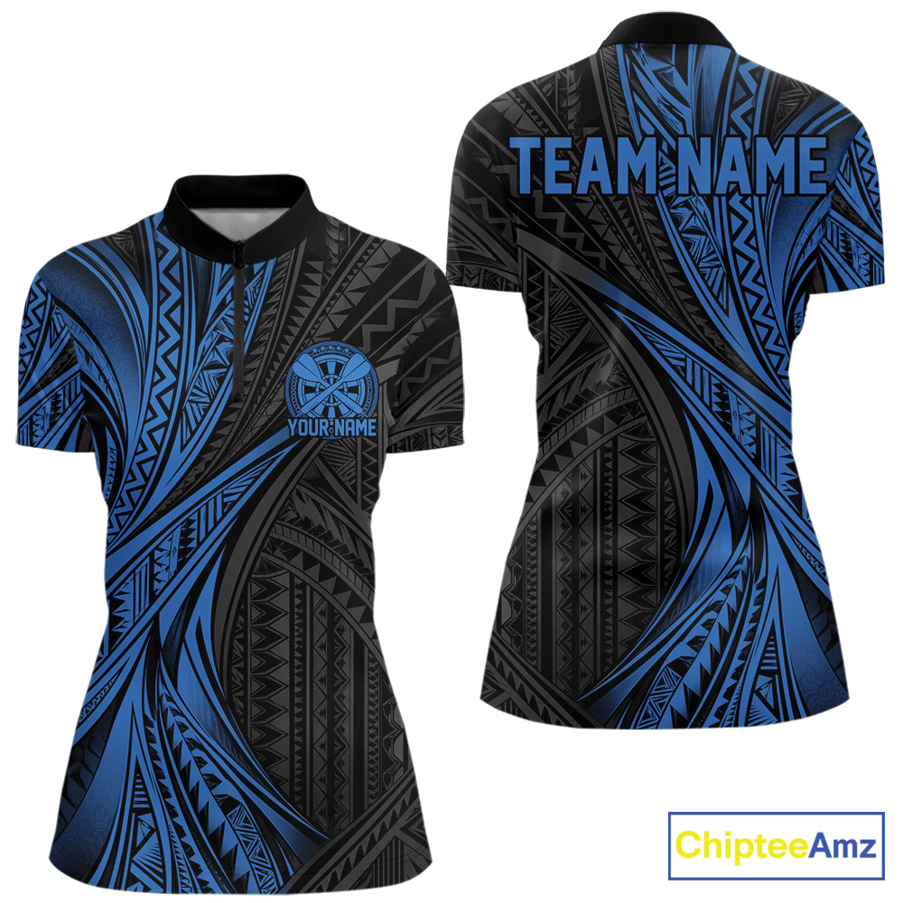 Custom Black And Blue Tribal Pattern Dart Women Quarter-Zip Shirt, Dart League Shirt IPHW12482