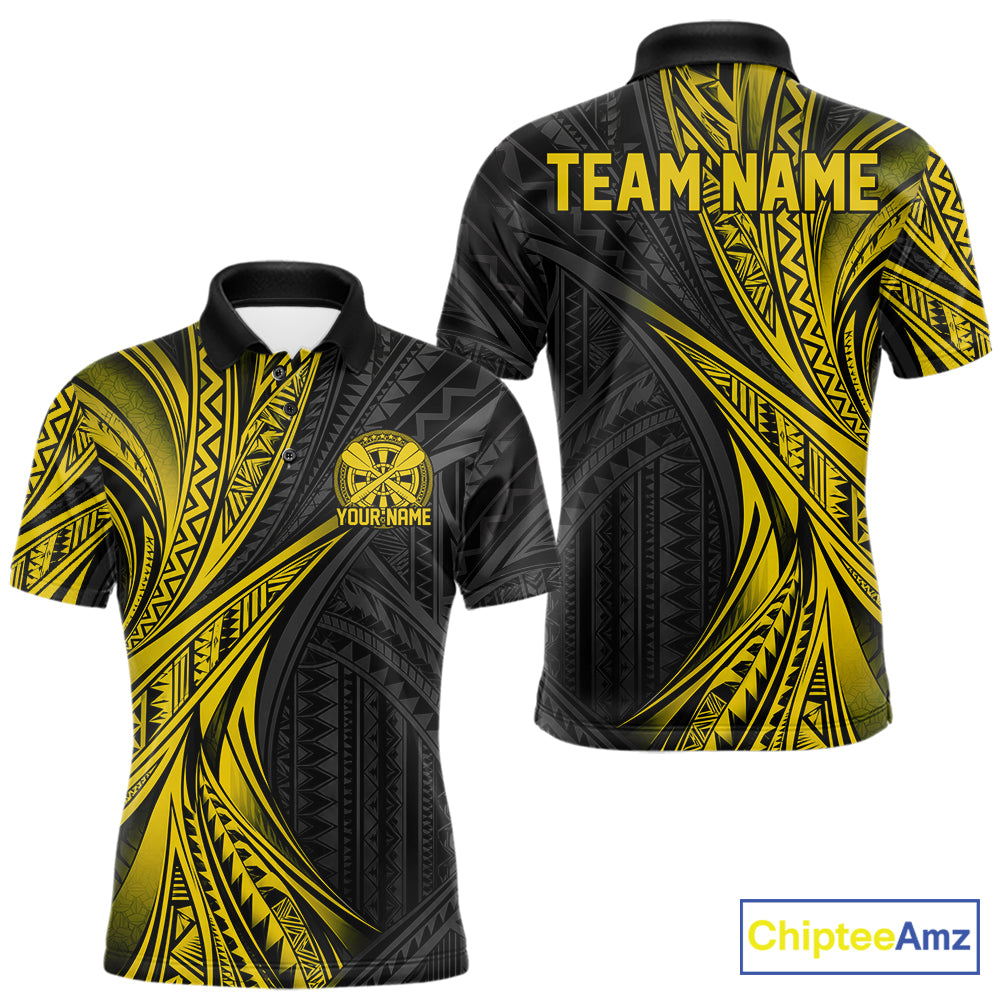 Custom Black And Gold Tribal Pattern Dart Team Men Polo Shirt, Dart League Shirt IPHW12483