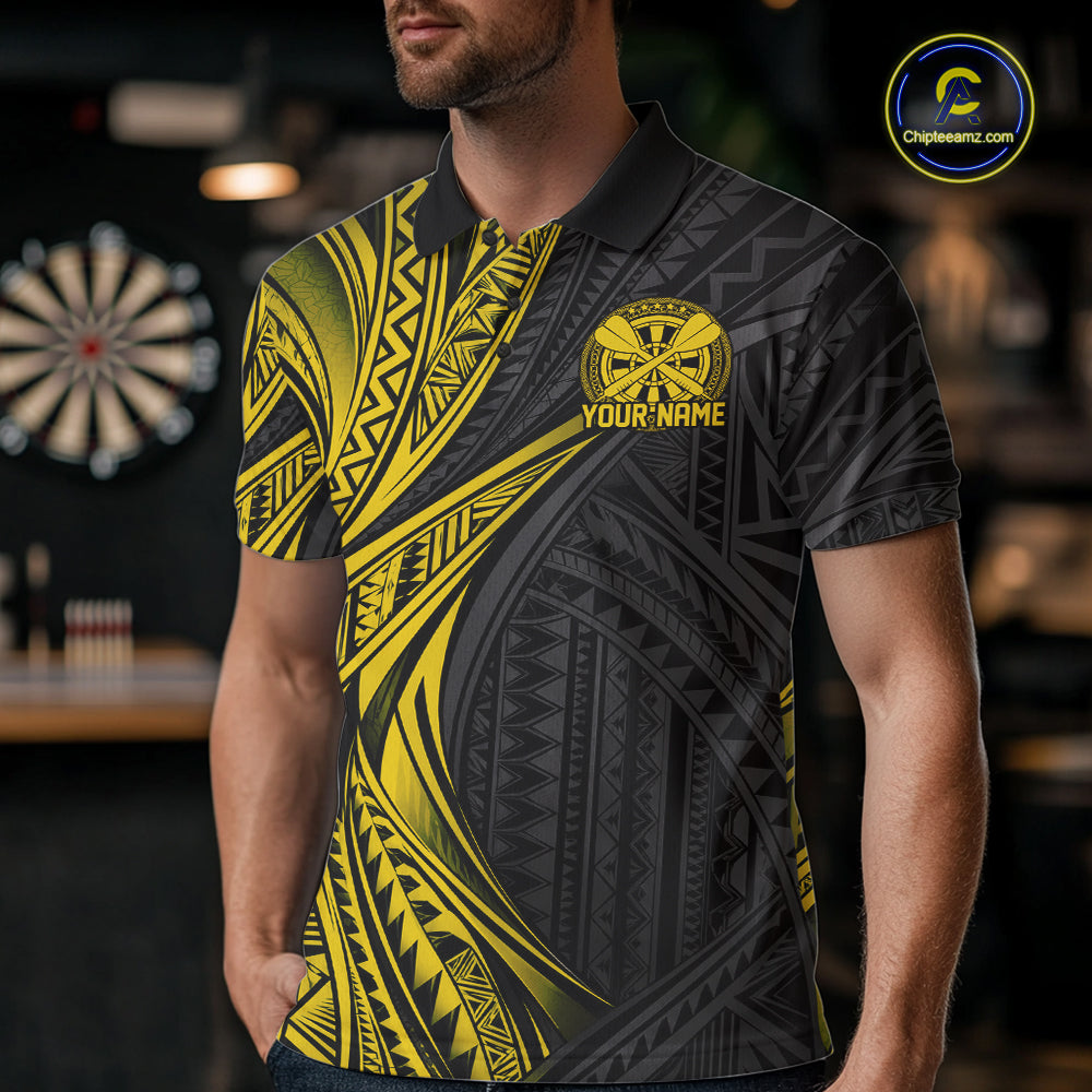 Custom Black And Gold Tribal Pattern Dart Team Men Polo Shirt, Dart League Shirt IPHW12483