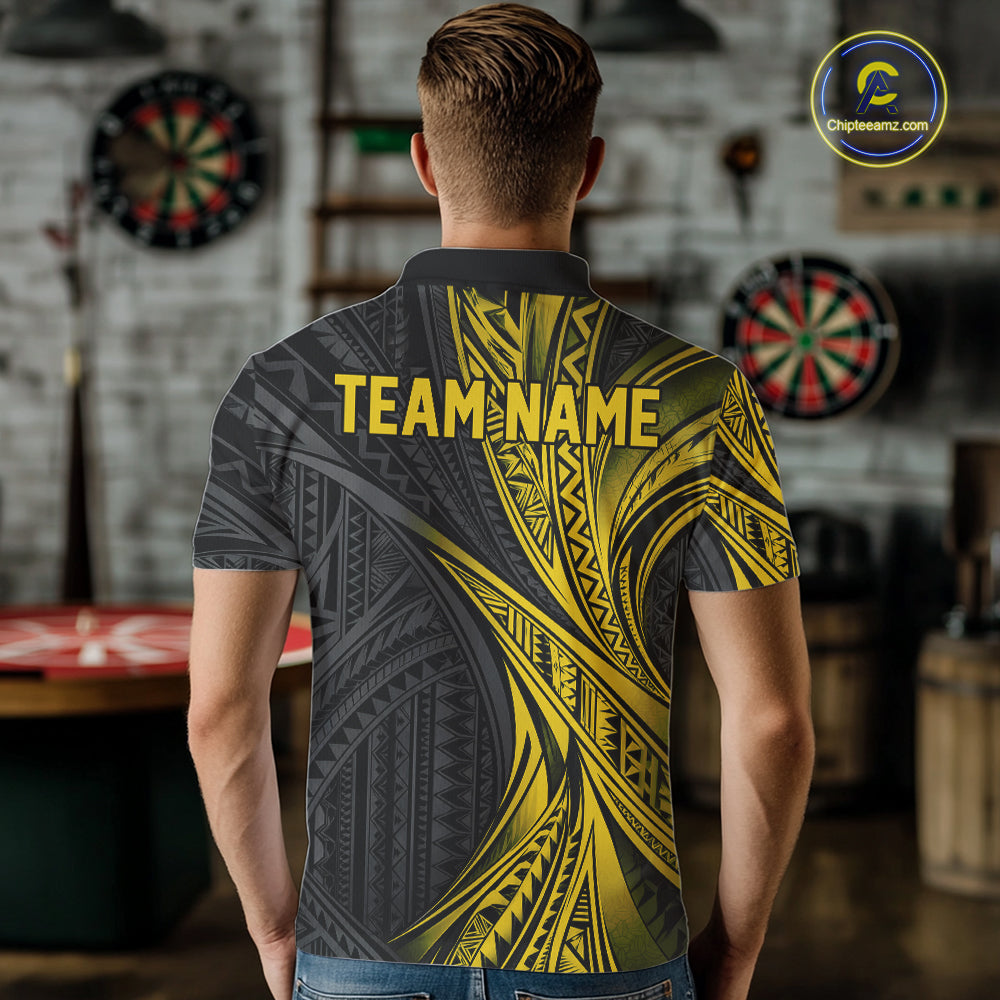 Custom Black And Gold Tribal Pattern Dart Team Men Polo Shirt, Dart League Shirt IPHW12483