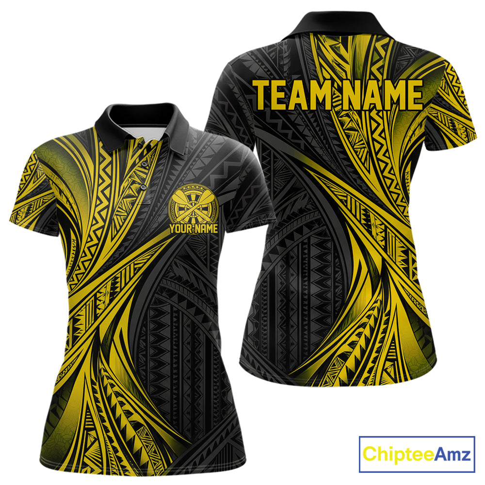 Custom Black And Gold Tribal Pattern Dart Team Women Polo Shirt, Dart League Shirt IPHW12483