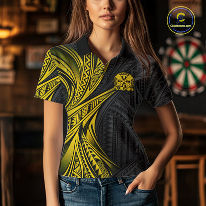 Custom Black And Gold Tribal Pattern Dart Team Women Polo Shirt, Dart League Shirt IPHW12483