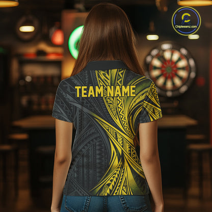 Custom Black And Gold Tribal Pattern Dart Team Women Polo Shirt, Dart League Shirt IPHW12483