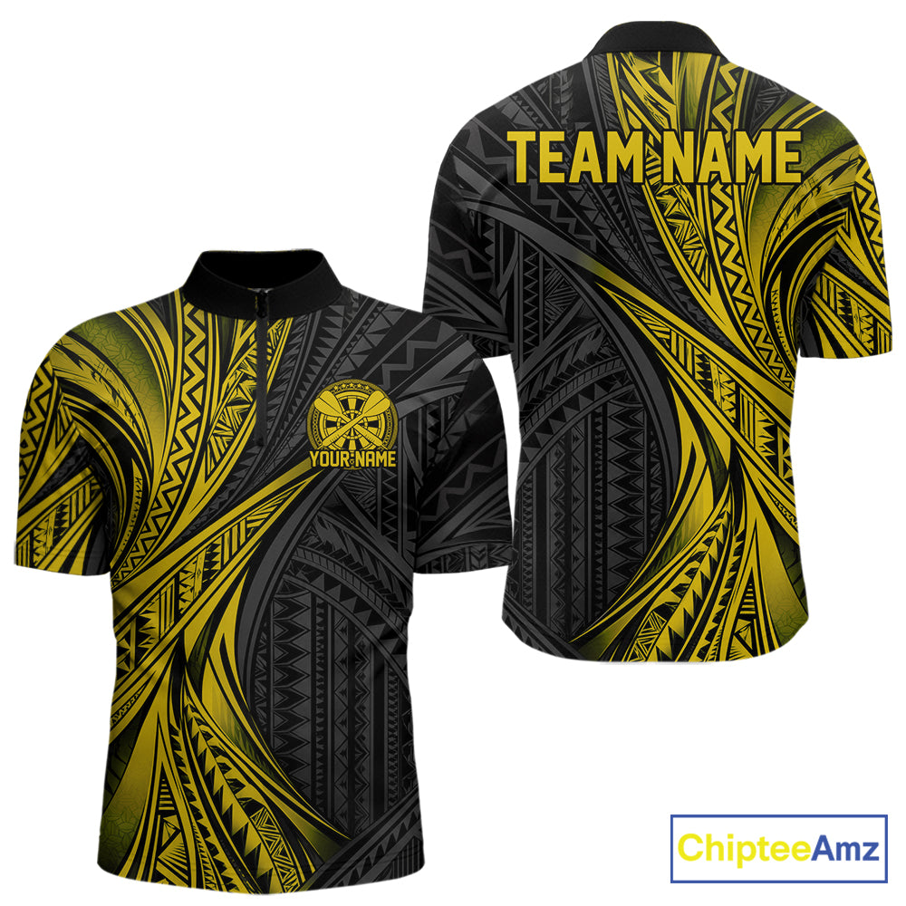 Custom Black And Gold Tribal Pattern Dart Team Men Quarter Zip Shirt, Dart League Shirt IPHW12483