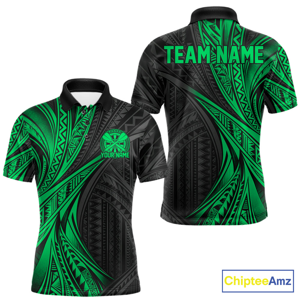 Custom Black And Green Tribal Pattern Dart Team Men Polo Shirt, Dart League Shirt IPHW12484