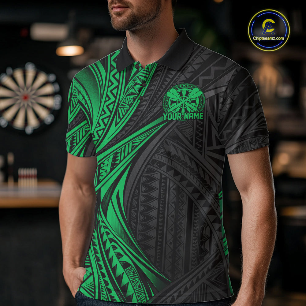Custom Black And Green Tribal Pattern Dart Team Men Polo Shirt, Dart League Shirt IPHW12484