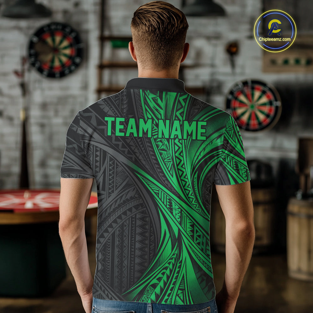 Custom Black And Green Tribal Pattern Dart Team Men Polo Shirt, Dart League Shirt IPHW12484