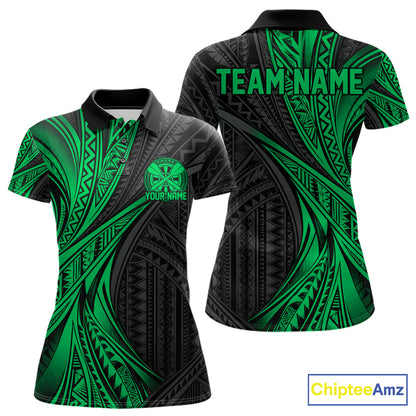 Custom Black And Green Tribal Pattern Dart Team Women Polo Shirt, Dart League Shirt IPHW12484