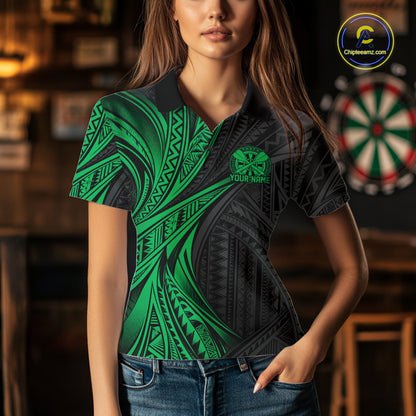 Custom Black And Green Tribal Pattern Dart Team Women Polo Shirt, Dart League Shirt IPHW12484
