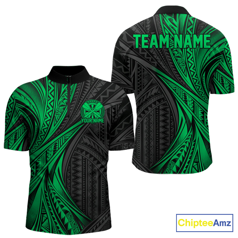 Custom Black And Green Tribal Pattern Dart Team Men Quarter Zip Shirt, Dart League Shirt IPHW12484