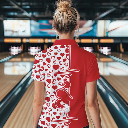 Red Bowling Heartbeat Pulse Line Custom Valentines Day Bowling Quarter-Zip Shirt For Women IPHW8331