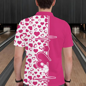 Pink Bowling Heartbeat Pulse Line Custom Valentines Day Bowling Polo Shirts For Men IPHW8332