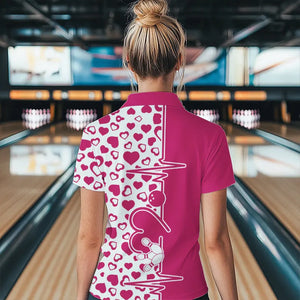 Pink Bowling Heartbeat Pulse Line Custom Valentines Day Bowling Polo Shirts For Women IPHW8332