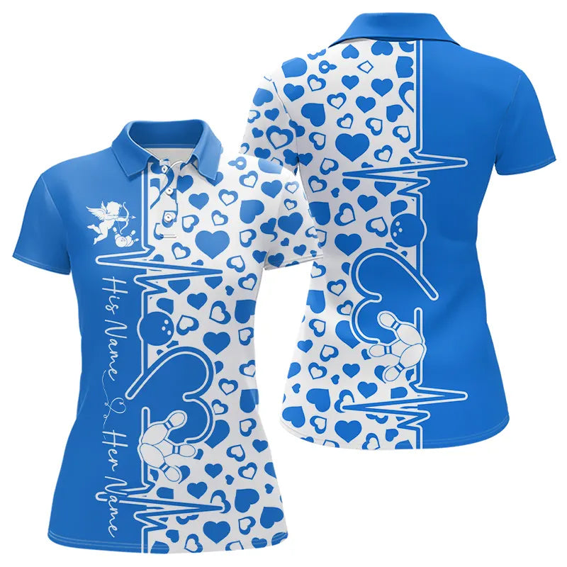 Blue Bowling Heartbeat Pulse Line Custom Valentines Day Bowling Polo Shirts For Women IPHW8333