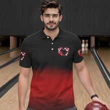 Load image into Gallery viewer, Black And Red Custom Valentines Day Bowling Polo Shirts For Men, Bowling Couple Shirt IPHW8334
