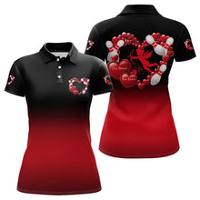 Load image into Gallery viewer, Black And Red Custom Valentines Day Bowling Polo Shirts For Women, Bowling Couple Shirt IPHW8334