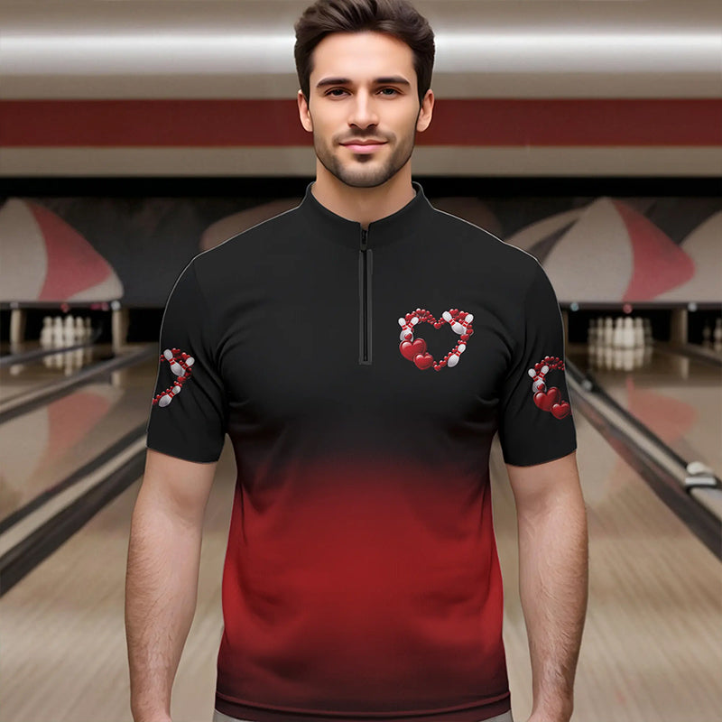 Black And Red Custom Valentines Day Bowling Quarter-Zip Shirts For Men, Bowling Couple Shirt IPHW8334