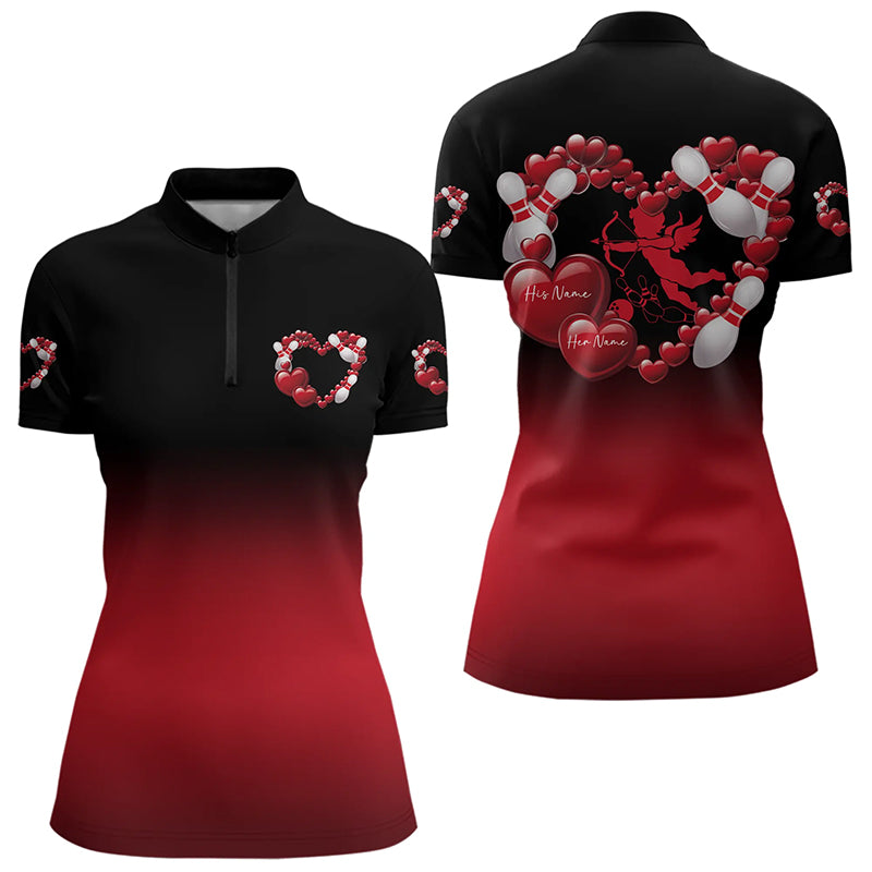 Black And Red Custom Valentines Day Bowling Womens Quarter-Zip Shirts, Bowling Couple Shirt IPHW8334