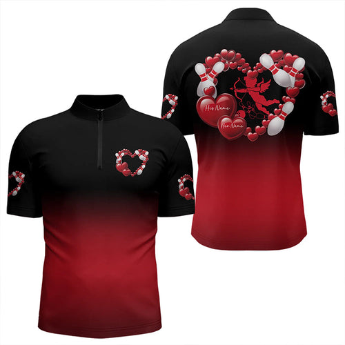 Black And Red Custom Valentines Day Bowling Quarter-Zip Shirts For Men, Bowling Couple Shirt IPHW8334