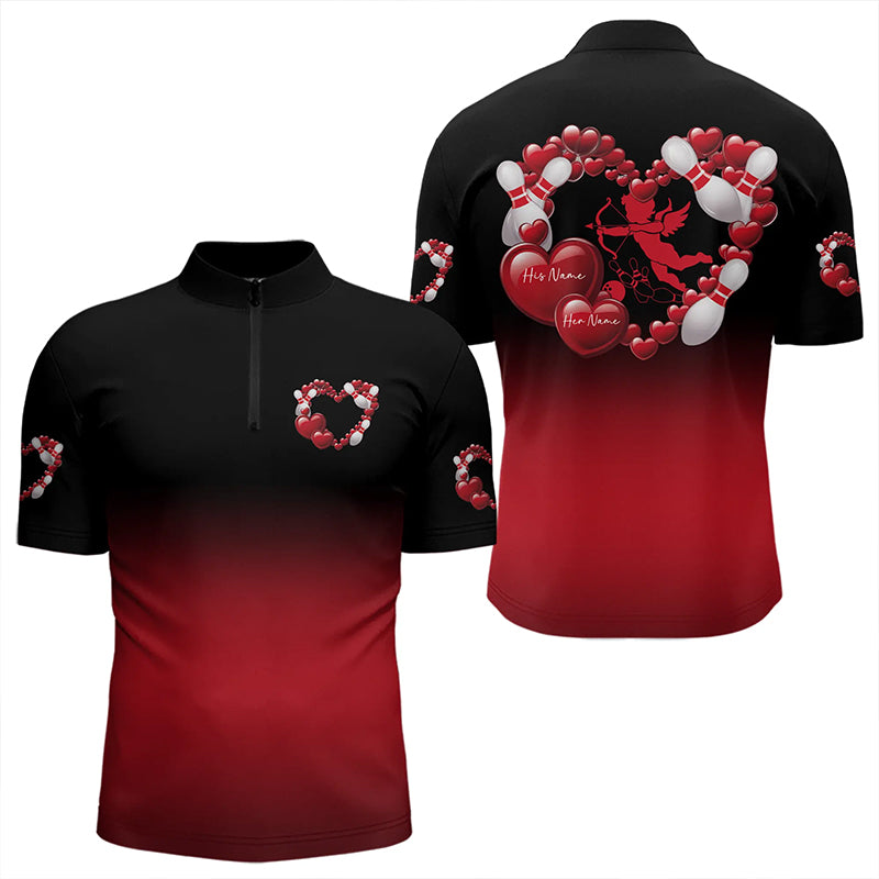 Black And Red Custom Valentines Day Bowling Quarter-Zip Shirts For Men, Bowling Couple Shirt IPHW8334