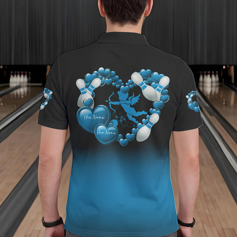 Black And Blue Custom Valentines Day Bowling Polo Shirts For Men, Bowling Couple Shirt IPHW8335