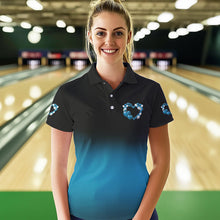 Load image into Gallery viewer, Black And Blue Custom Valentines Day Bowling Polo Shirts For Women, Bowling Couple Shirt IPHW8335