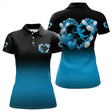 Load image into Gallery viewer, Black And Blue Custom Valentines Day Bowling Polo Shirts For Women, Bowling Couple Shirt IPHW8335
