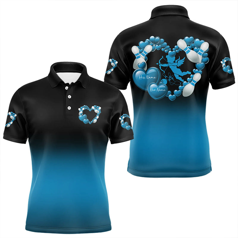 Black And Blue Custom Valentines Day Bowling Polo Shirts For Men, Bowling Couple Shirt IPHW8335