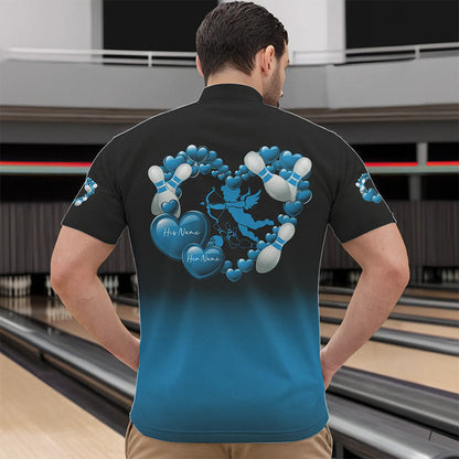 Black And Blue Custom Valentines Day Bowling Quarter-Zip Shirts For Men, Bowling Couple Shirt IPHW8335