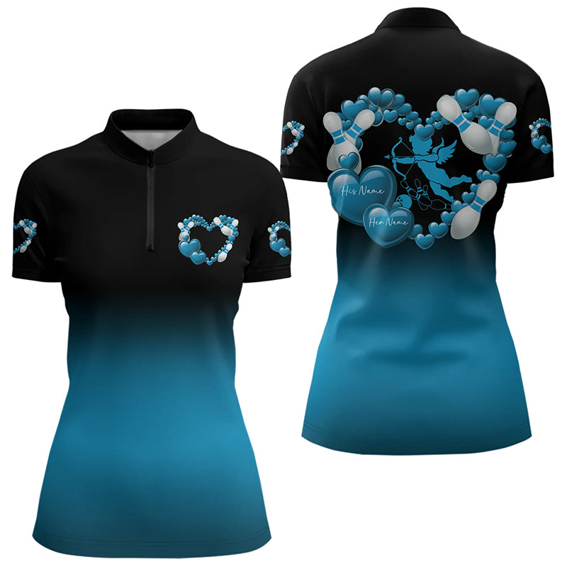 Black And Blue Custom Valentines Day Bowling Womens Quarter-Zip Shirt, Bowling Couple Shirt IPHW8335