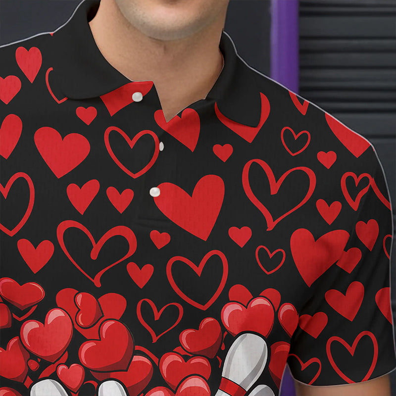 Black And Red Heart Theme Custom Valentines Bowling Polo Shirt For Men, Couple Bowling Shirt IPHW8336