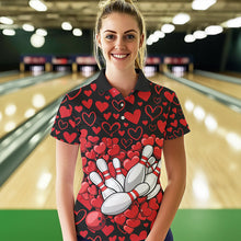 Load image into Gallery viewer, Black And Red Heart Custom Valentines Bowling Polo Shirt For Women, Couple Bowling Shirt IPHW8336