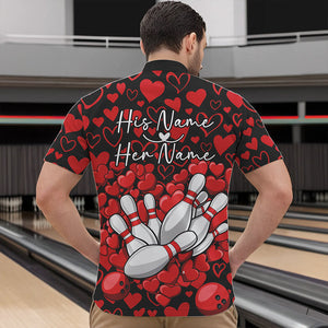 Black And Red Heart Theme Custom Valentines Bowling Quarter-Zip Shirt For Men, Couple Bowling Shirt IPHW8336