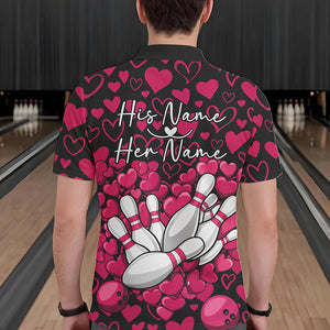 Black And Pink Heart Theme Custom Valentines Bowling Polo Shirt For Men, Couple Bowling Shirt IPHW8337