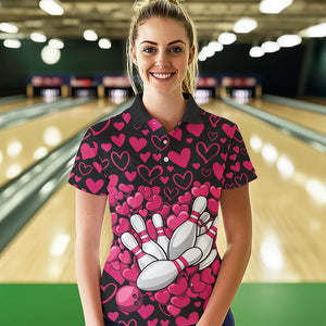 Black And Pink Heart Custom Valentines Bowling Polo Shirt For Women, Couple Bowling Shirt IPHW8337