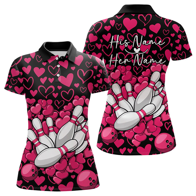 Black And Pink Heart Custom Valentines Bowling Polo Shirt For Women, Couple Bowling Shirt IPHW8337