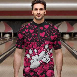 Black And Pink Heart Theme Custom Valentines Bowling Quarter-Zip Shirt For Men, Couple Bowling Shirt IPHW8337