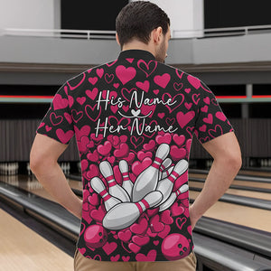 Black And Pink Heart Theme Custom Valentines Bowling Quarter-Zip Shirt For Men, Couple Bowling Shirt IPHW8337