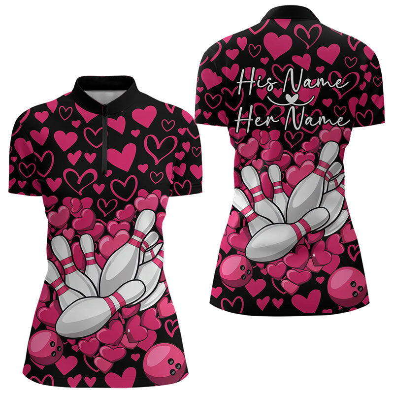 Black And Pink Heart Theme Custom Valentines Couple Bowling Quarter-Zip Shirt For Women IPHW8337