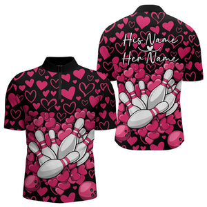 Black And Pink Heart Theme Custom Valentines Bowling Quarter-Zip Shirt For Men, Couple Bowling Shirt IPHW8337